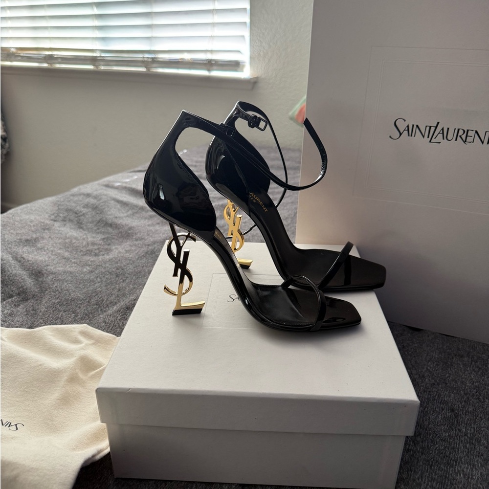 Saint Laurent Black Patent Leather Heels with Gold Logo